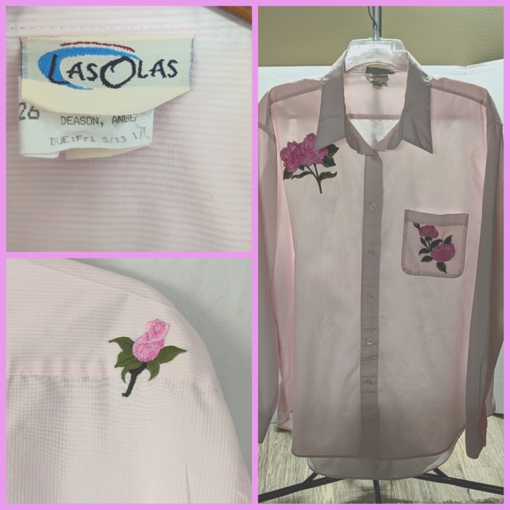 LasOlas pink and white pinstripe LS shirt sz XL with floral details